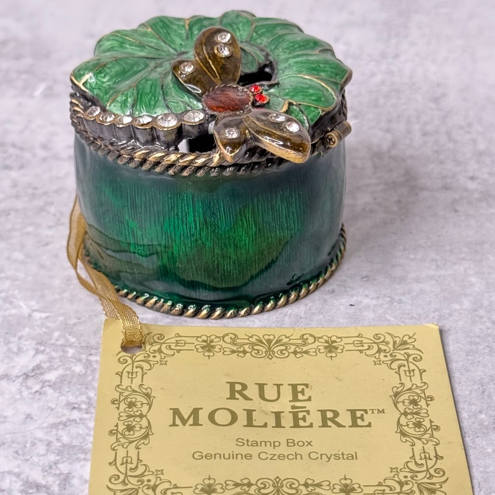 Rue Moliere Stamp Box Enameled Green Genuine Czech Crystal Dragonfly Trinket